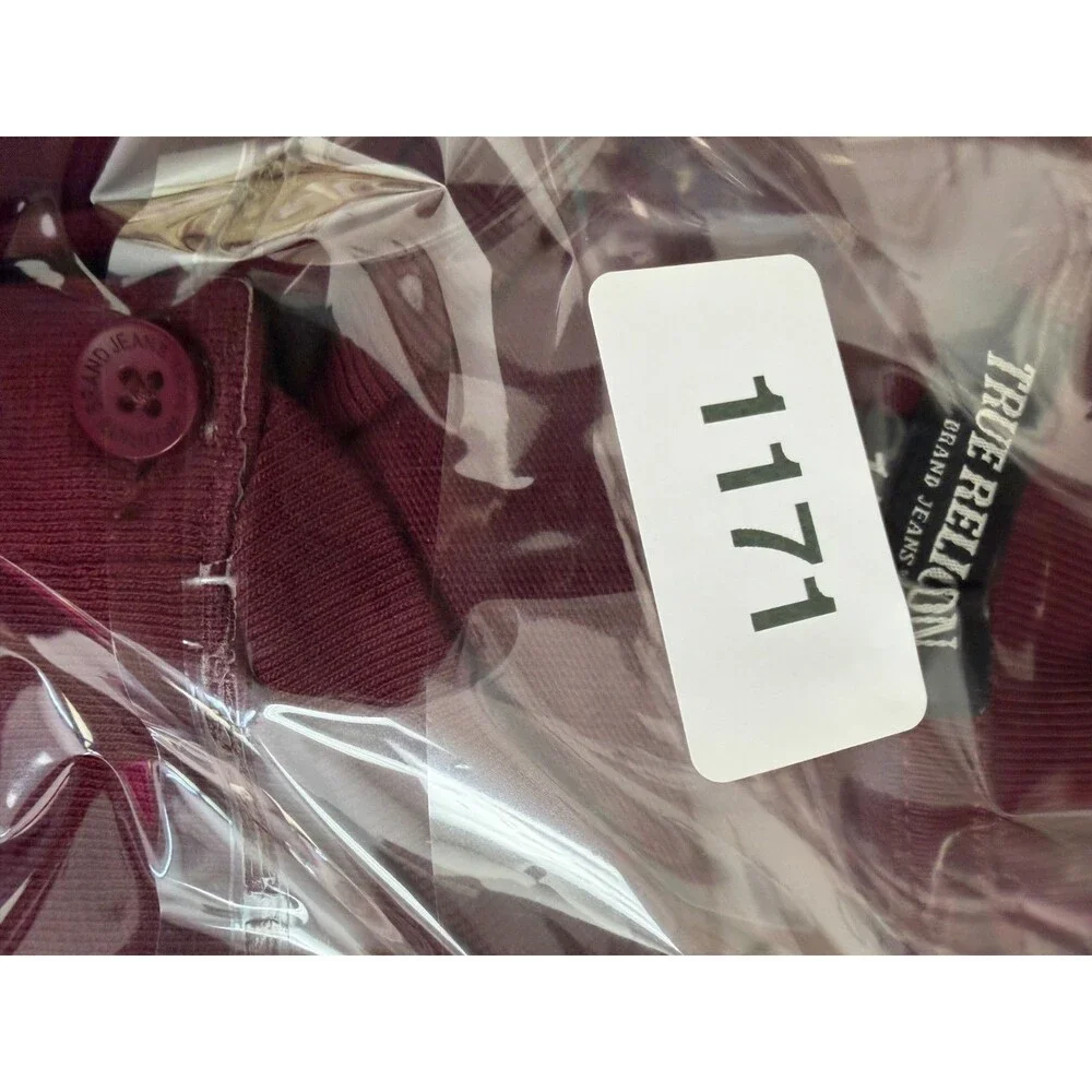 True Religion Men's S Burgundy Henley T Shirt Horseshoe Logo 100% Cotton
